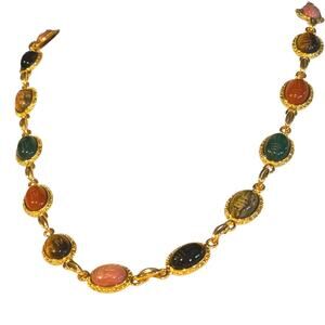 Vintage Necklace Carved Cabochon Stone Oval Link Gold Tone 24" SK3105